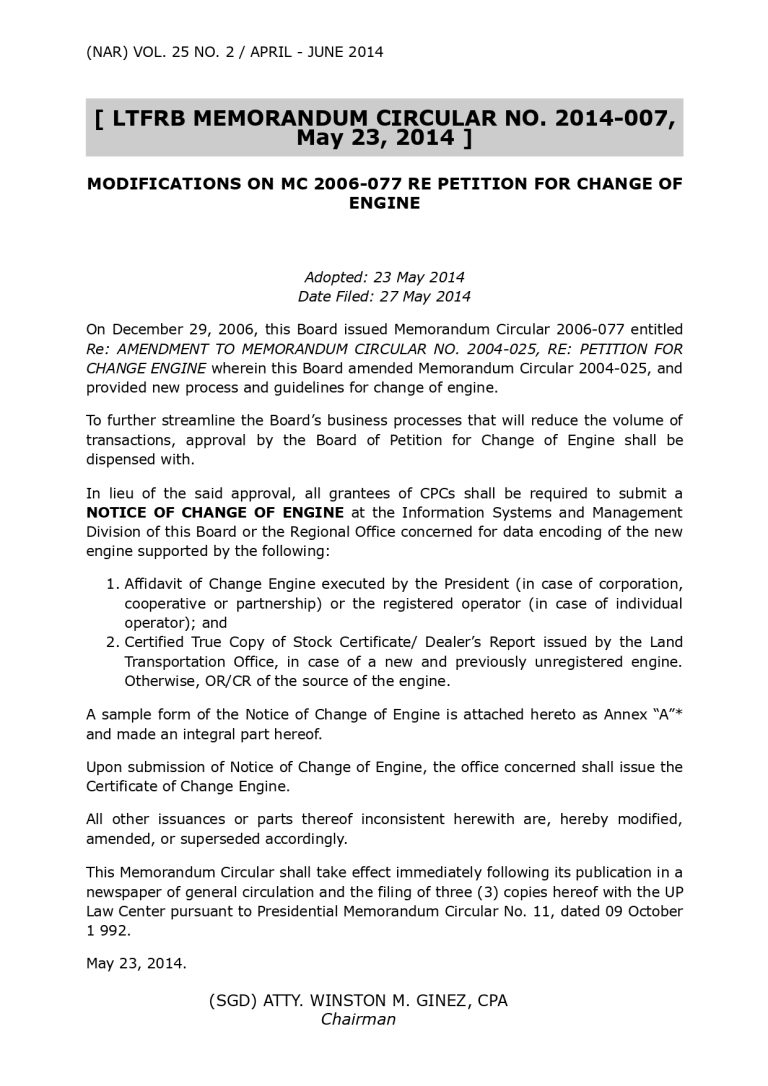 Filing a Notice of Change of Engine at LTFRB (For PUV Operators) - LTMS ...